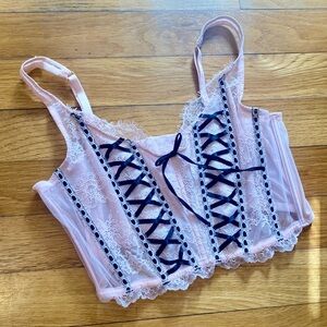 Victoria's Secret Dream Angels Unlined Baby Pink Black Lace Up Corset Bra Top XL